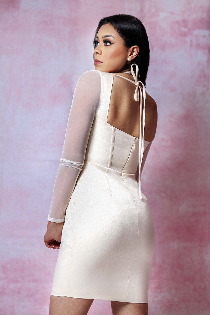 Jocelyn satin mesh long sleeve corset dress (Ivory)